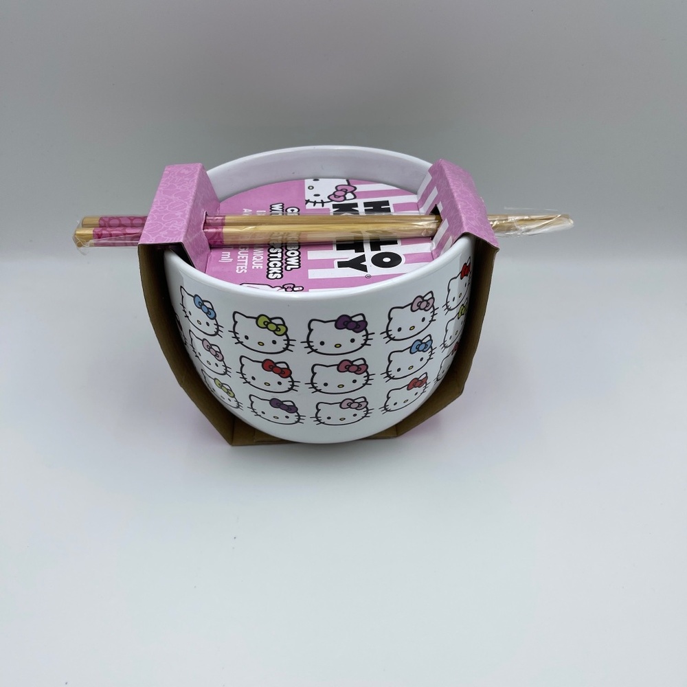 NEW Hello Kitty Ceramic Ramen Noodle Bowl w/ Chopsticks white Sanrio